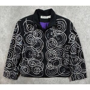 Anage Vintage Womens Medium Jacket Black Silver Sequin Spiral Zip Art To Wear
